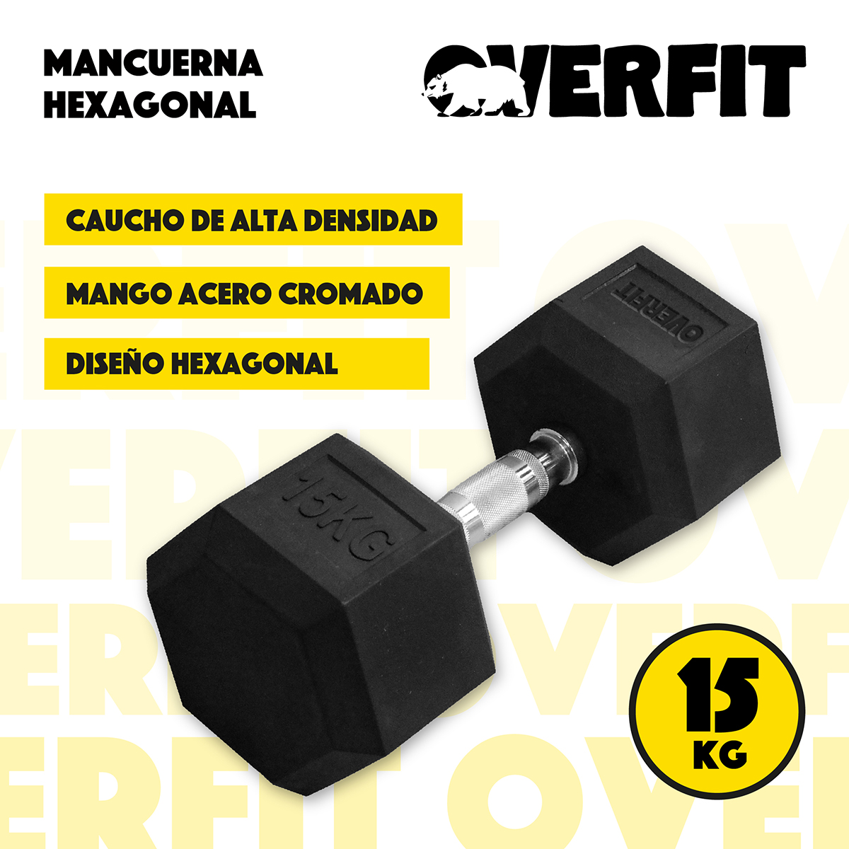 MANCUERNA HEXAGONAL 15 KG ACERO Y CAUCHO OVERFIT FITNESS - 2