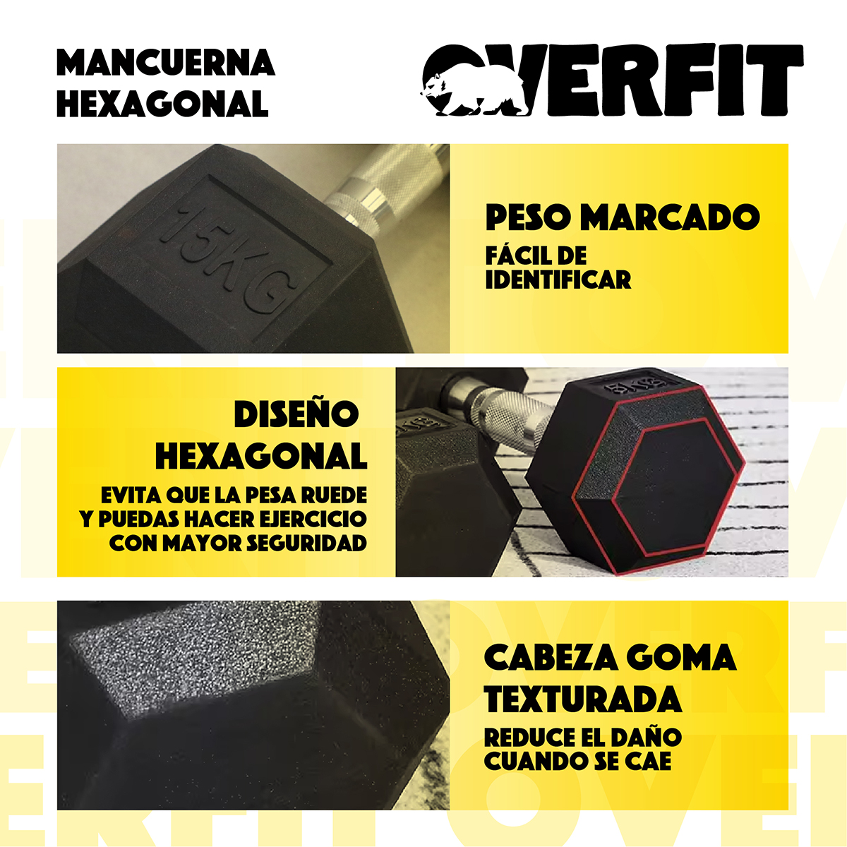 MANCUERNA HEXAGONAL 15 KG ACERO Y CAUCHO OVERFIT FITNESS - 3