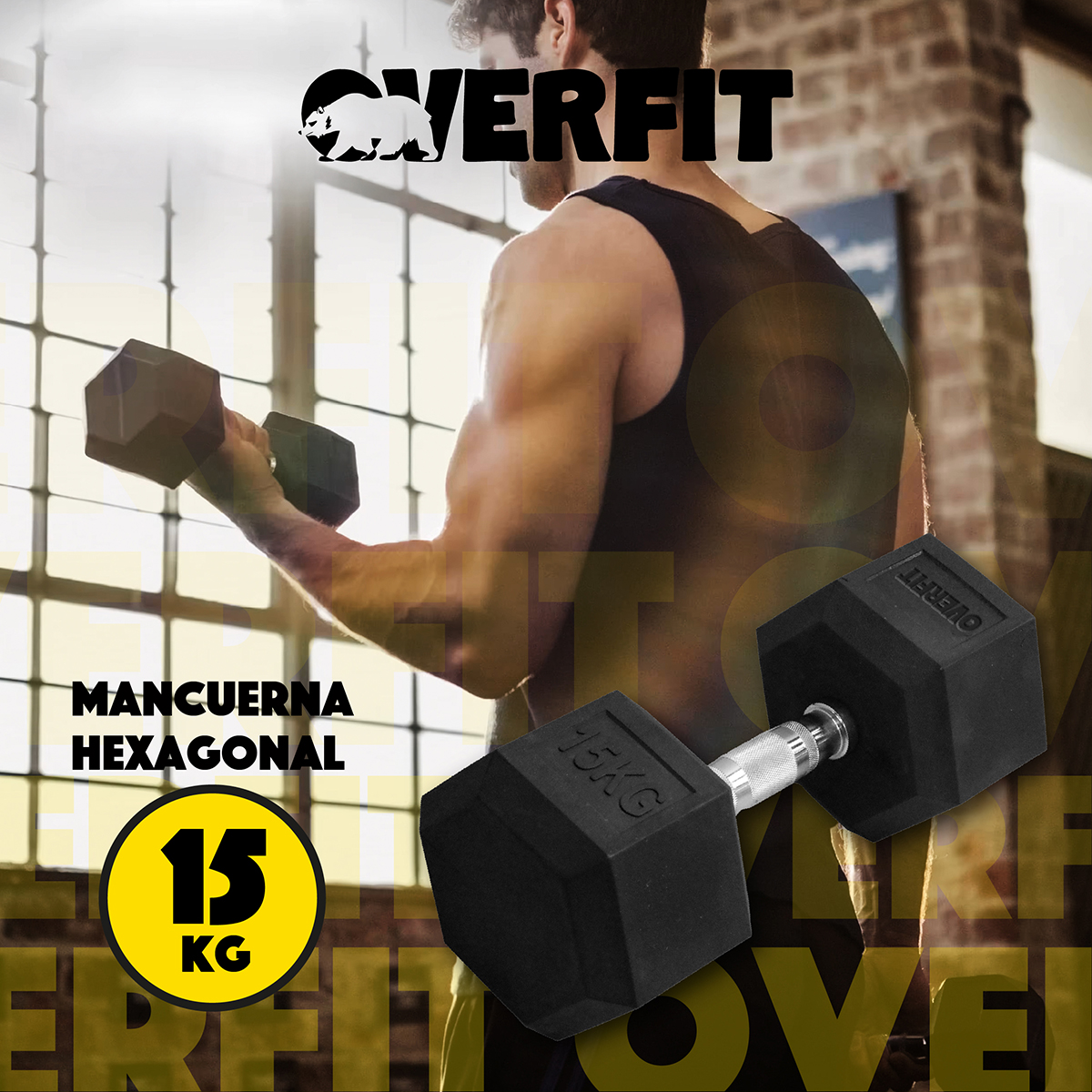 MANCUERNA HEXAGONAL 15 KG ACERO Y CAUCHO OVERFIT FITNESS - 8