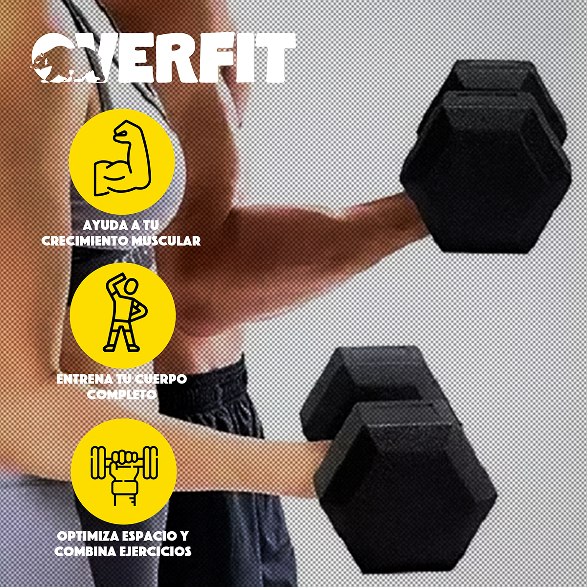 MANCUERNA HEXAGONAL 20 KG ACERO Y CAUCHO OVERFIT FITNESS - 2