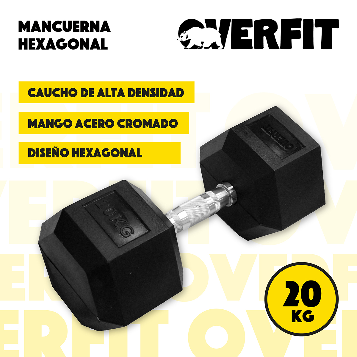 MANCUERNA HEXAGONAL 20 KG ACERO Y CAUCHO OVERFIT FITNESS - 3