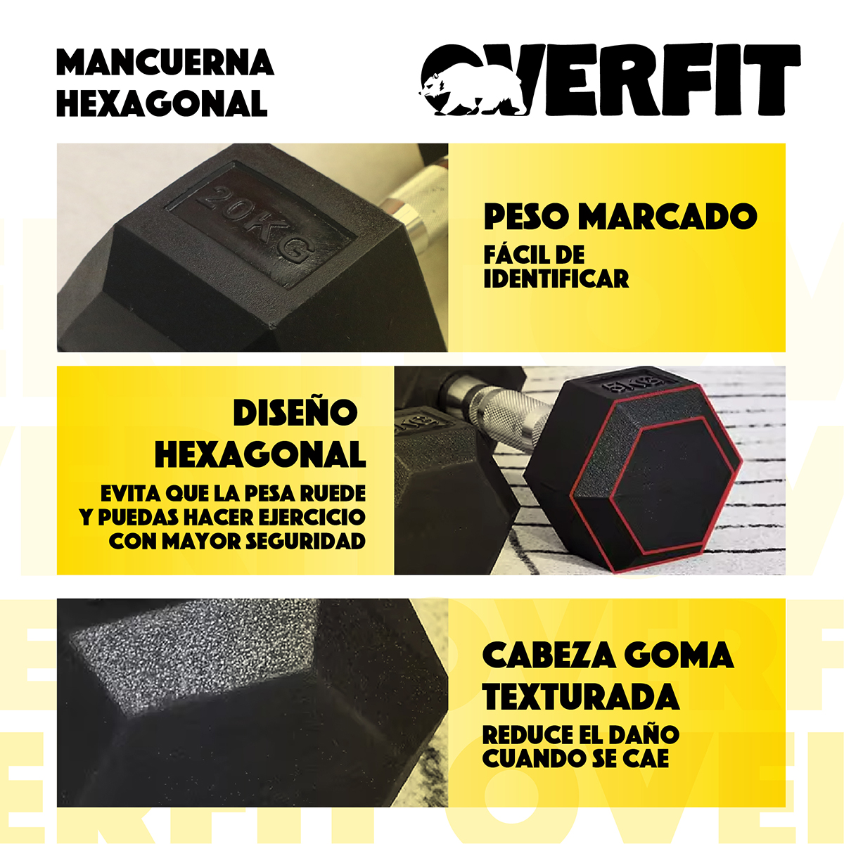 MANCUERNA HEXAGONAL 20 KG ACERO Y CAUCHO OVERFIT FITNESS - 4