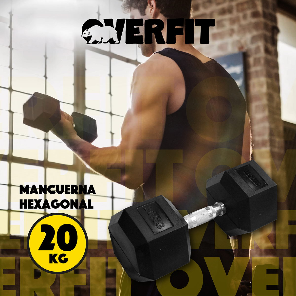 MANCUERNA HEXAGONAL 20 KG ACERO Y CAUCHO OVERFIT FITNESS - 7
