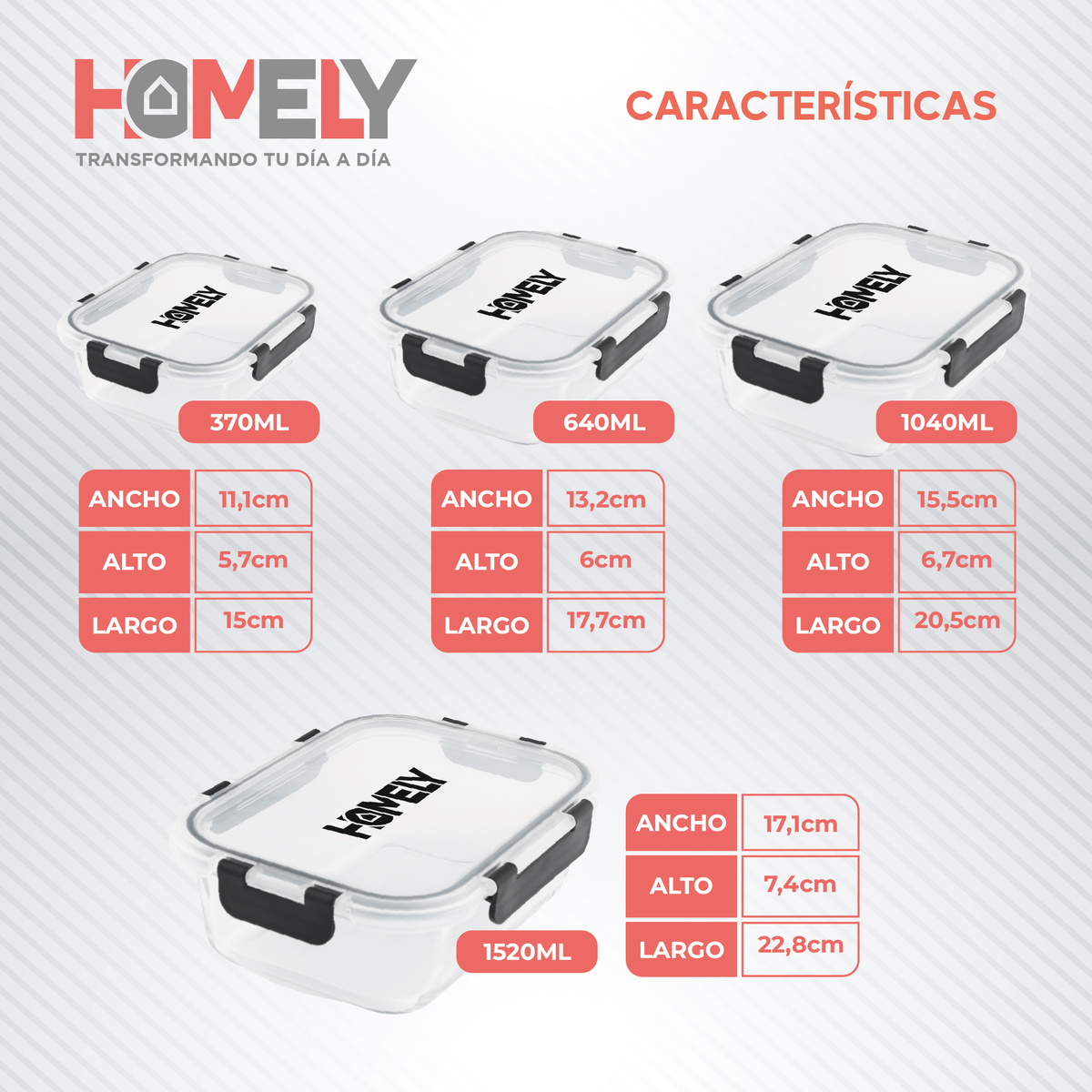 TUPPER HERMETICO COMIDA HOMELY VIDRIO TEMPLADO SET X4 3.57 L - 2