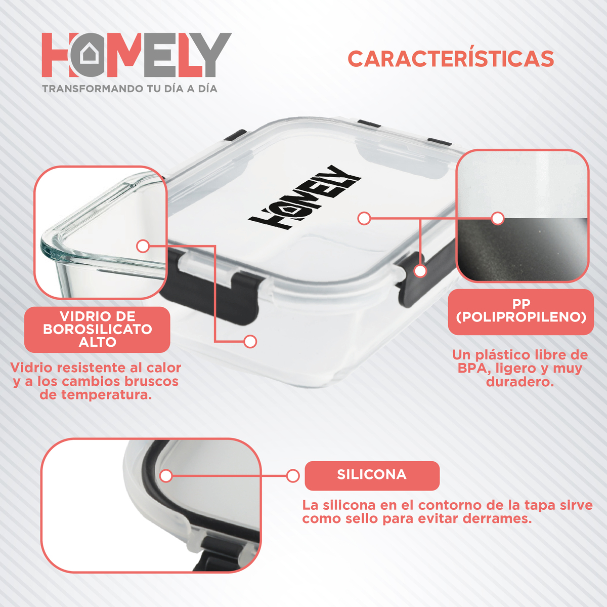 TUPPER HERMETICO COMIDA HOMELY VIDRIO TEMPLADO SET X4 3.57 L - 3