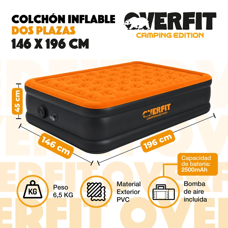 COLCHON INFLABLE ELECTRICO 2 PLAZAS OVERFIT BOMBA PORTATIL - 2