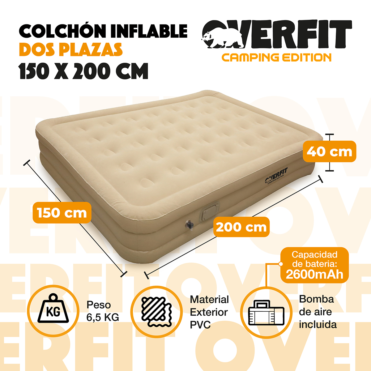 COLCHON INFLABLE ELECTRICO 2 PLAZAS OVERFIT BOMBA PORTATIL - 2