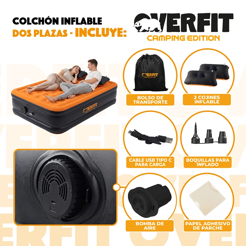 COLCHON INFLABLE ELECTRICO 2 PLAZAS OVERFIT BOMBA PORTATIL - 3