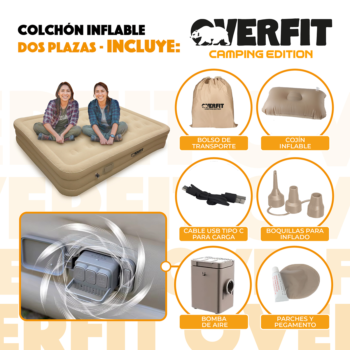 COLCHON INFLABLE ELECTRICO 2 PLAZAS OVERFIT BOMBA PORTATIL - 3