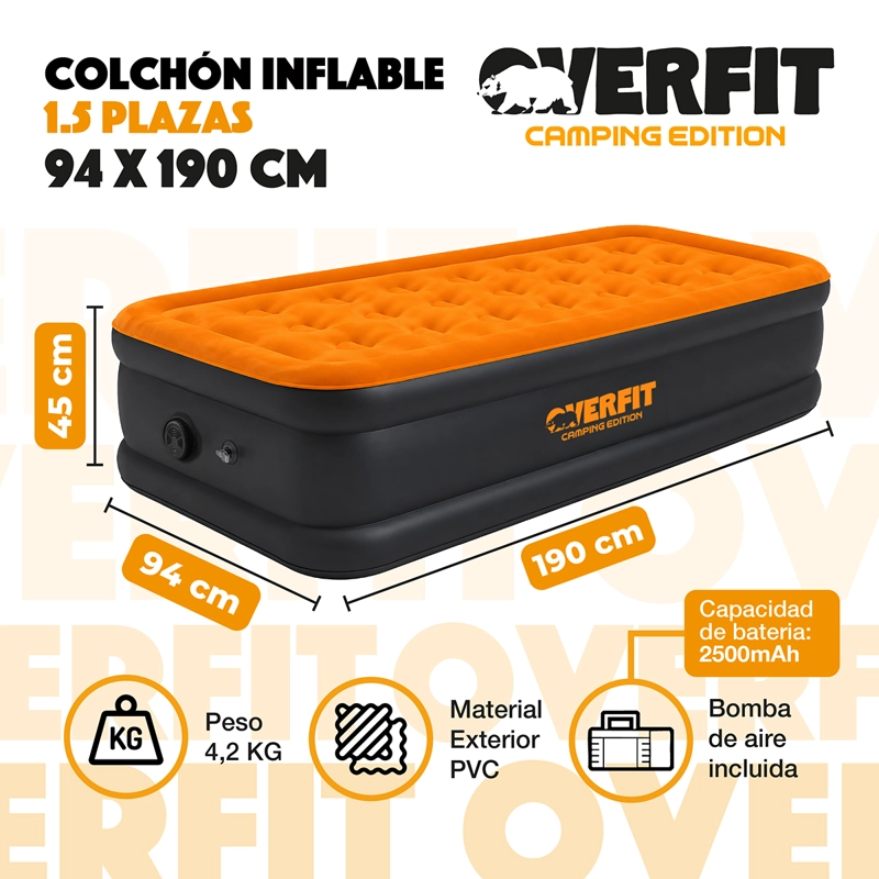 COLCHON INFLABLE ELECTRICO 1.5 PLAZA OVERFIT BOMBA PORTATIL - 2
