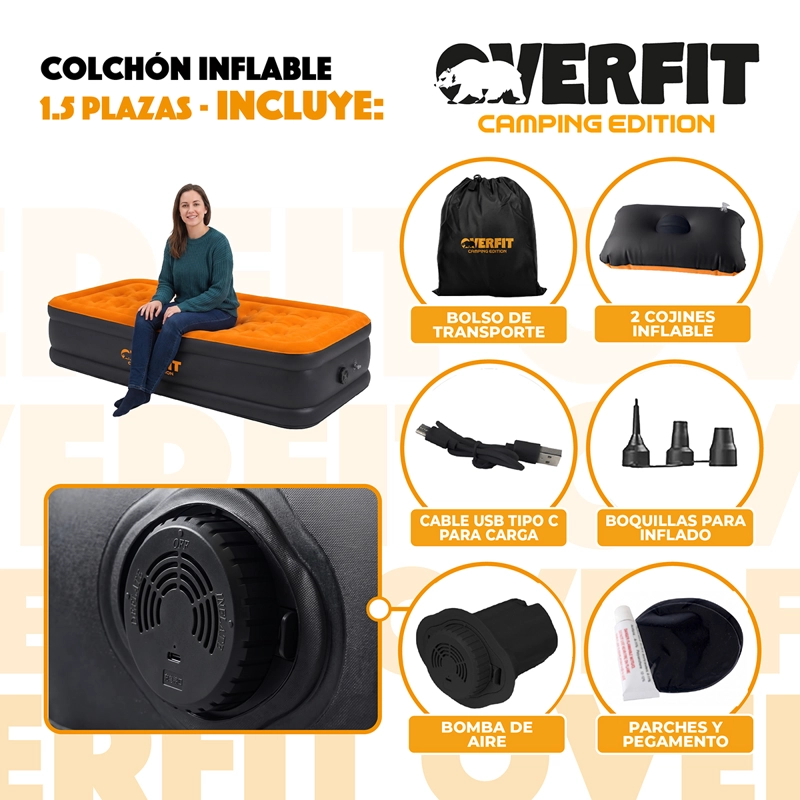 COLCHON INFLABLE ELECTRICO 1.5 PLAZA OVERFIT BOMBA PORTATIL - 3