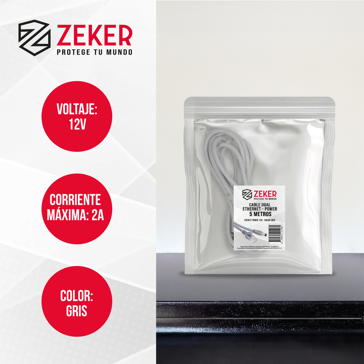 CABLE DUAL CAMARA SEGURIDAD ZEKER EXTENSOR PODER ETHERNET 5M - 2