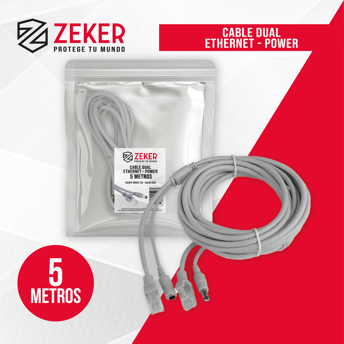 CABLE DUAL CAMARA SEGURIDAD ZEKER EXTENSOR PODER ETHERNET 5M - 5