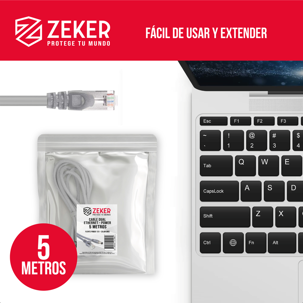 CABLE DUAL CAMARA SEGURIDAD ZEKER EXTENSOR PODER ETHERNET 5M - 8