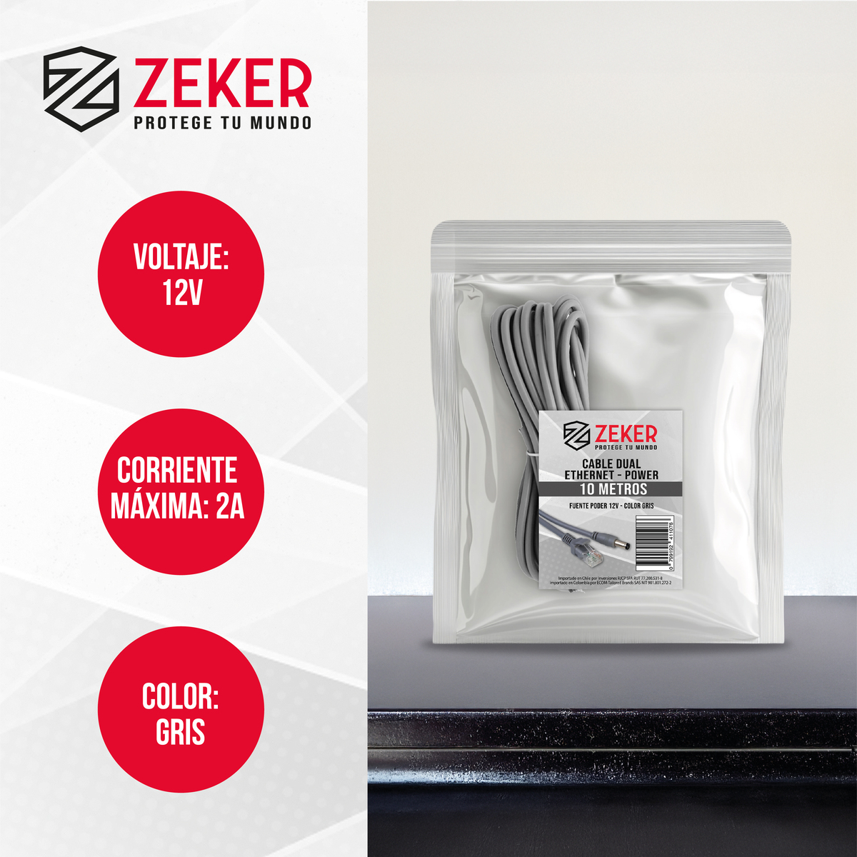 CABLE CAMARA SEGURIDAD ZEKER DUAL EXTENSOR 10M DC + ETHERNET - 2
