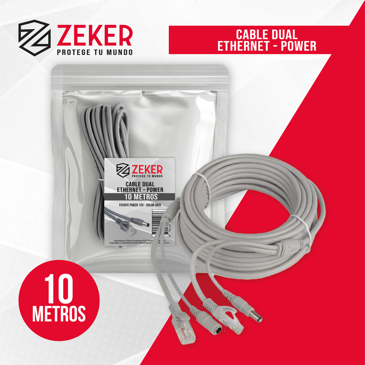 CABLE CAMARA SEGURIDAD ZEKER DUAL EXTENSOR 10M DC + ETHERNET - 6