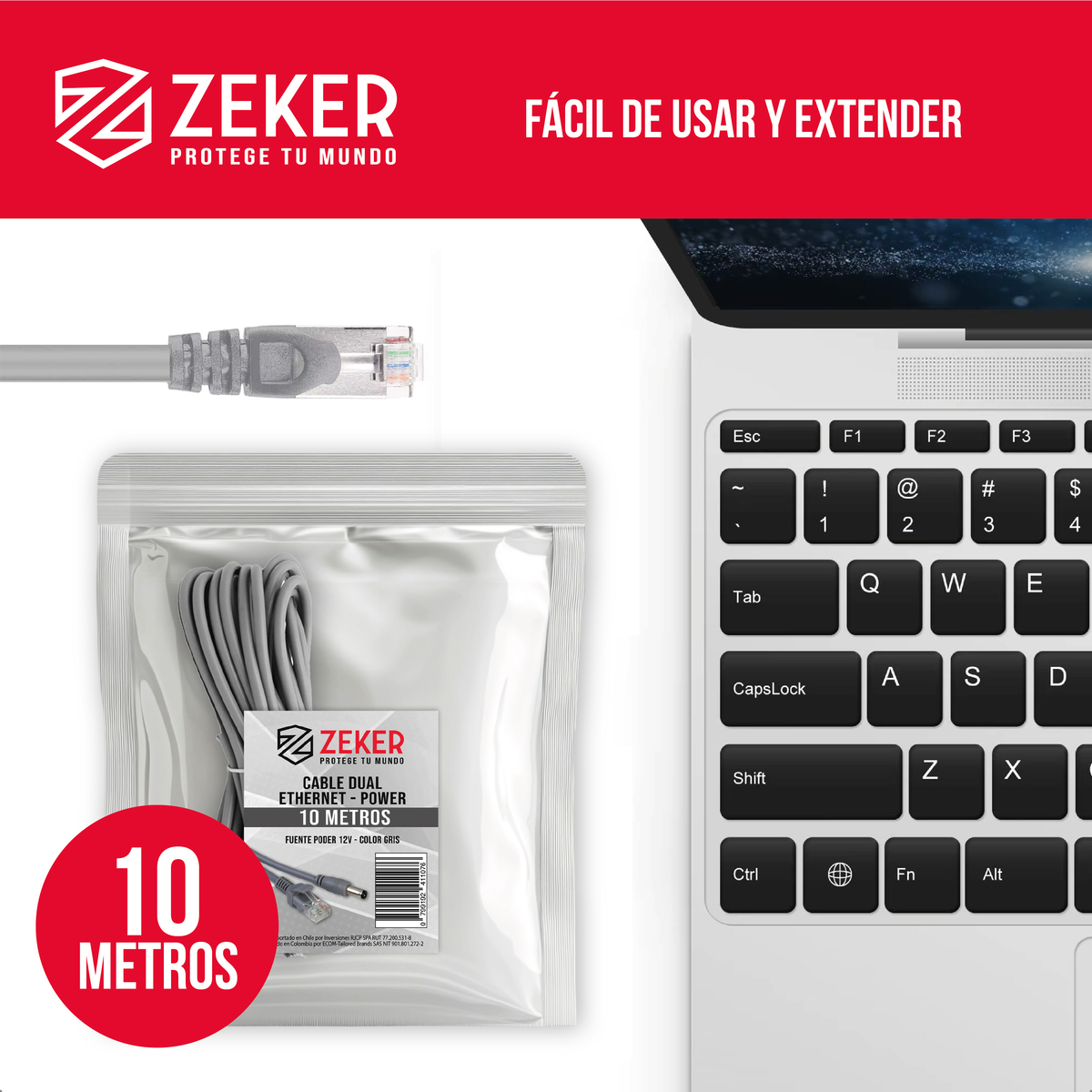CABLE CAMARA SEGURIDAD ZEKER DUAL EXTENSOR 10M DC + ETHERNET - 9