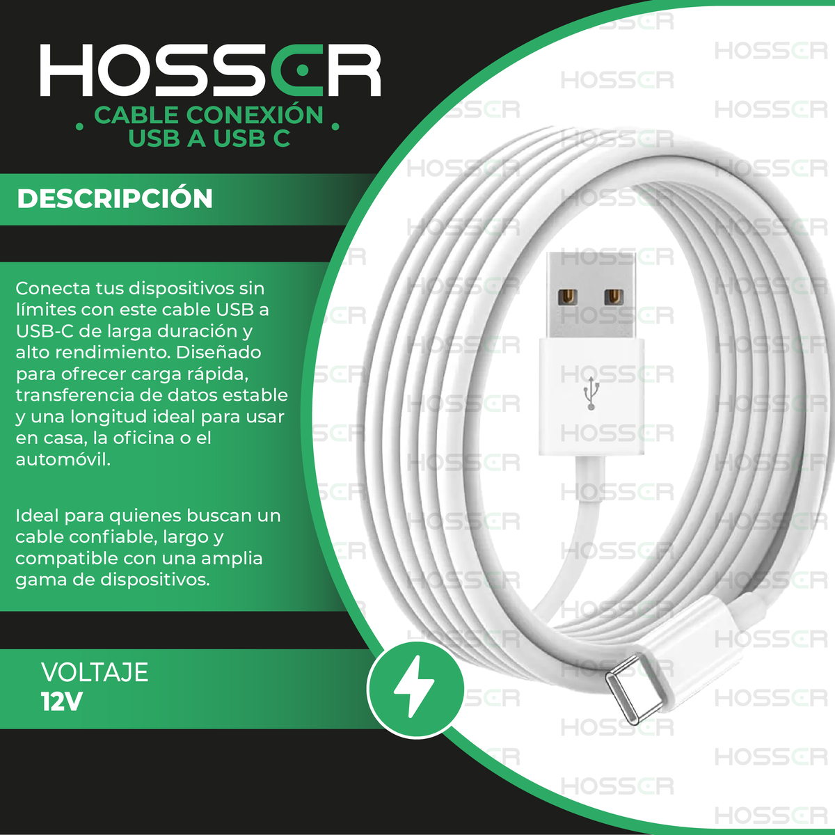 CABLE CONEXION TIPO C HOSSER 5 METROS USB 2.0 CARGA DATOS - 4