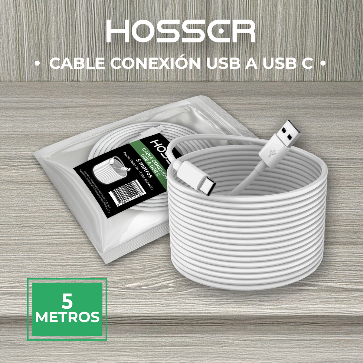 CABLE CONEXION TIPO C HOSSER 5 METROS USB 2.0 CARGA DATOS - 5