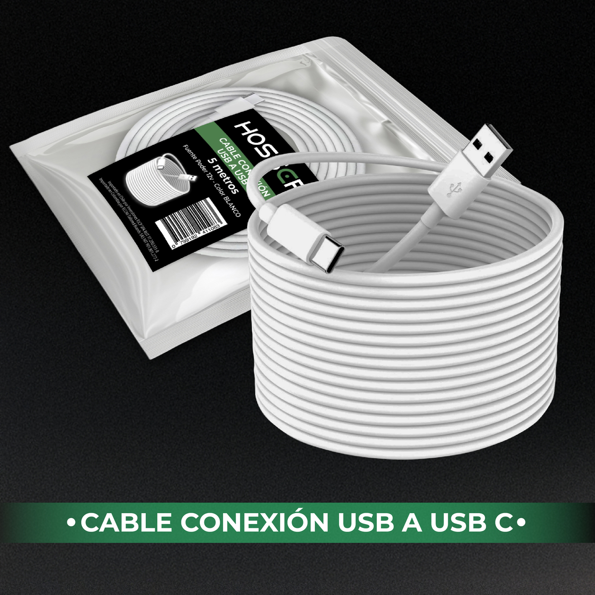 CABLE CONEXION TIPO C HOSSER 5 METROS USB 2.0 CARGA DATOS - 9