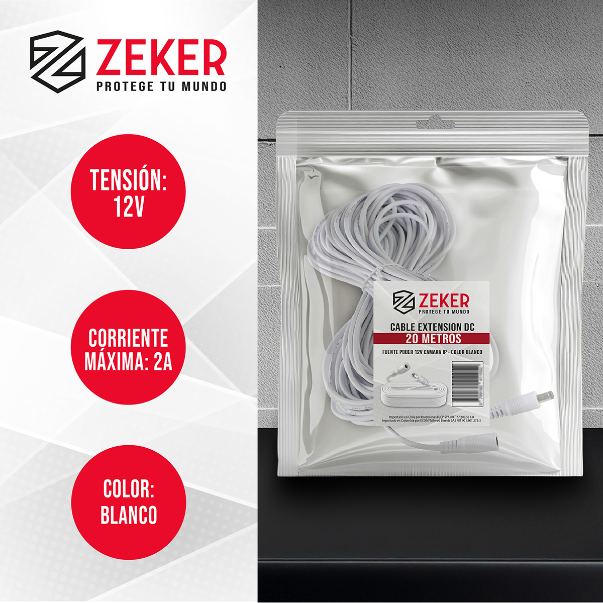 CABLE CAMARA SEGURIDAD ZEKER EXTENSOR UNIVERSAL 20 MTS 12V - 2