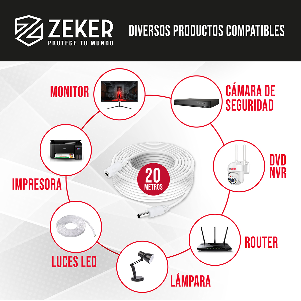 CABLE CAMARA SEGURIDAD ZEKER EXTENSOR UNIVERSAL 20 MTS 12V - 3