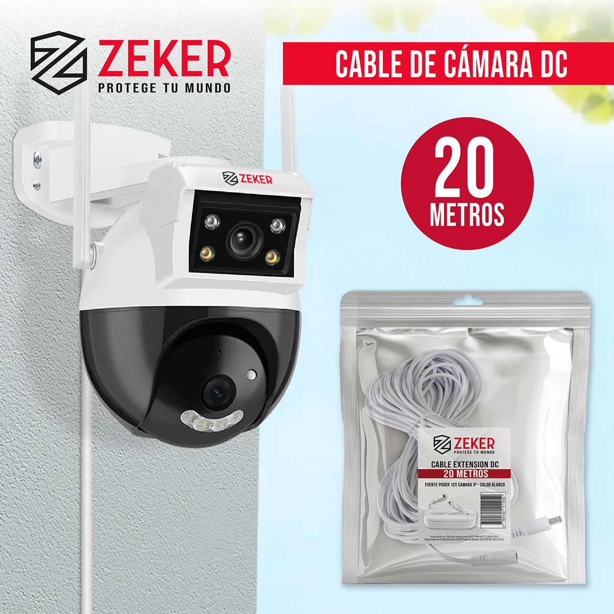 CABLE CAMARA SEGURIDAD ZEKER EXTENSOR UNIVERSAL 20 MTS 12V - 4