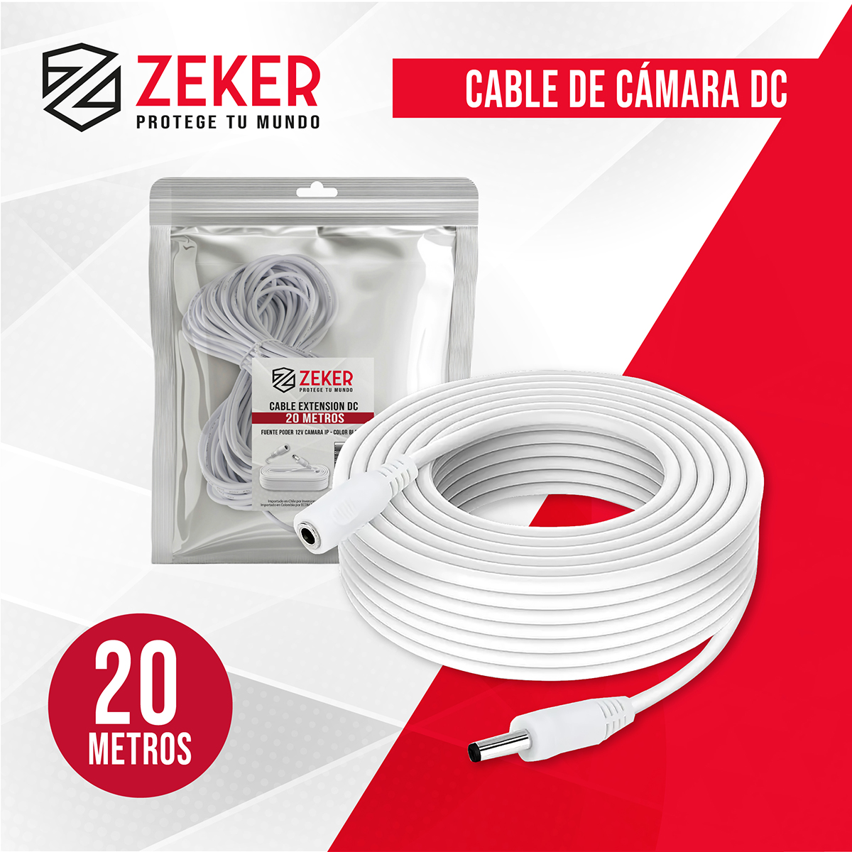 CABLE CAMARA SEGURIDAD ZEKER EXTENSOR UNIVERSAL 20 MTS 12V - 6
