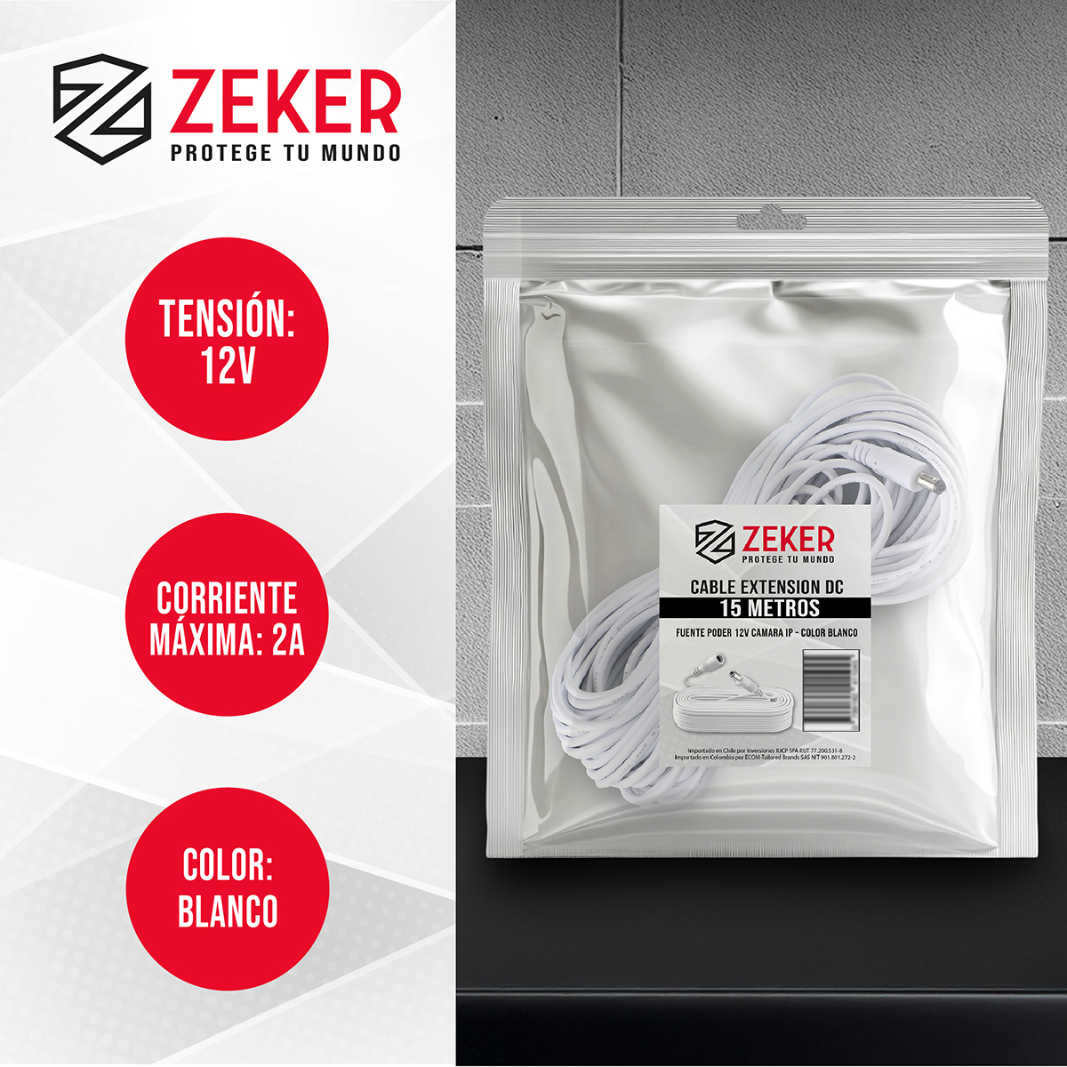 CABLE CAMARA SEGURIDAD ZEKER EXTENSOR UNIVERSAL 15 MTS 12V - 2