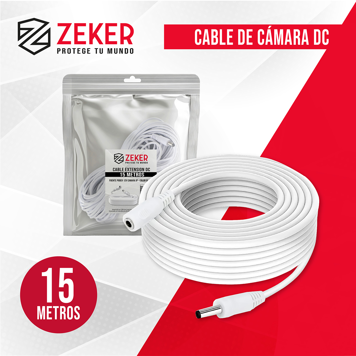 CABLE CAMARA SEGURIDAD ZEKER EXTENSOR UNIVERSAL 15 MTS 12V - 5