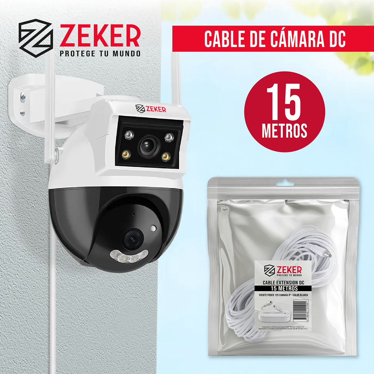 CABLE CAMARA SEGURIDAD ZEKER EXTENSOR UNIVERSAL 15 MTS 12V - 7
