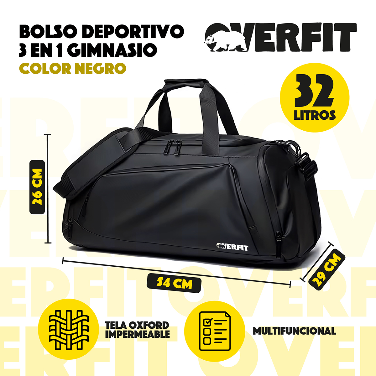 BOLSO DEPORTIVO DUFFEL GYM 3 EN 1 OVERFIT OXFORD IMPERMEABLE - 2