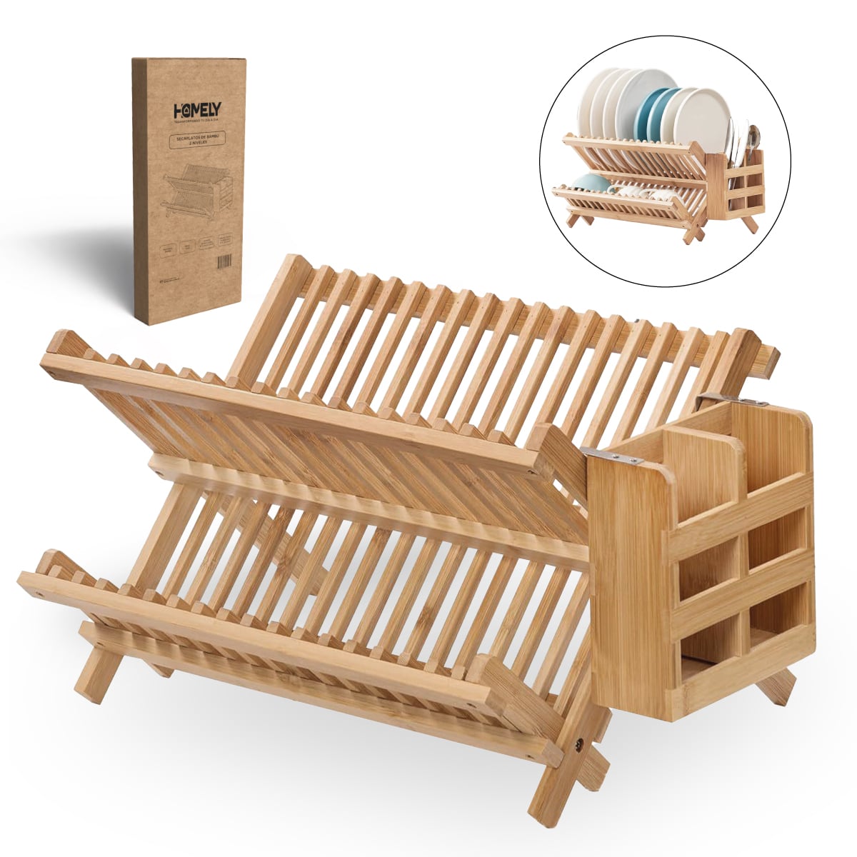 SECAPLATOS 2 NIVELES BAMBU HOMELY ESCURRIDOR PORTACUBIERTOS