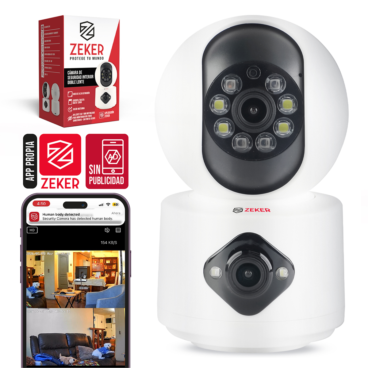 CAMARA DE SEGURIDAD INTERIOR DOBLE ZEKER 4MP 2.5GHZ WIFI IP - 1