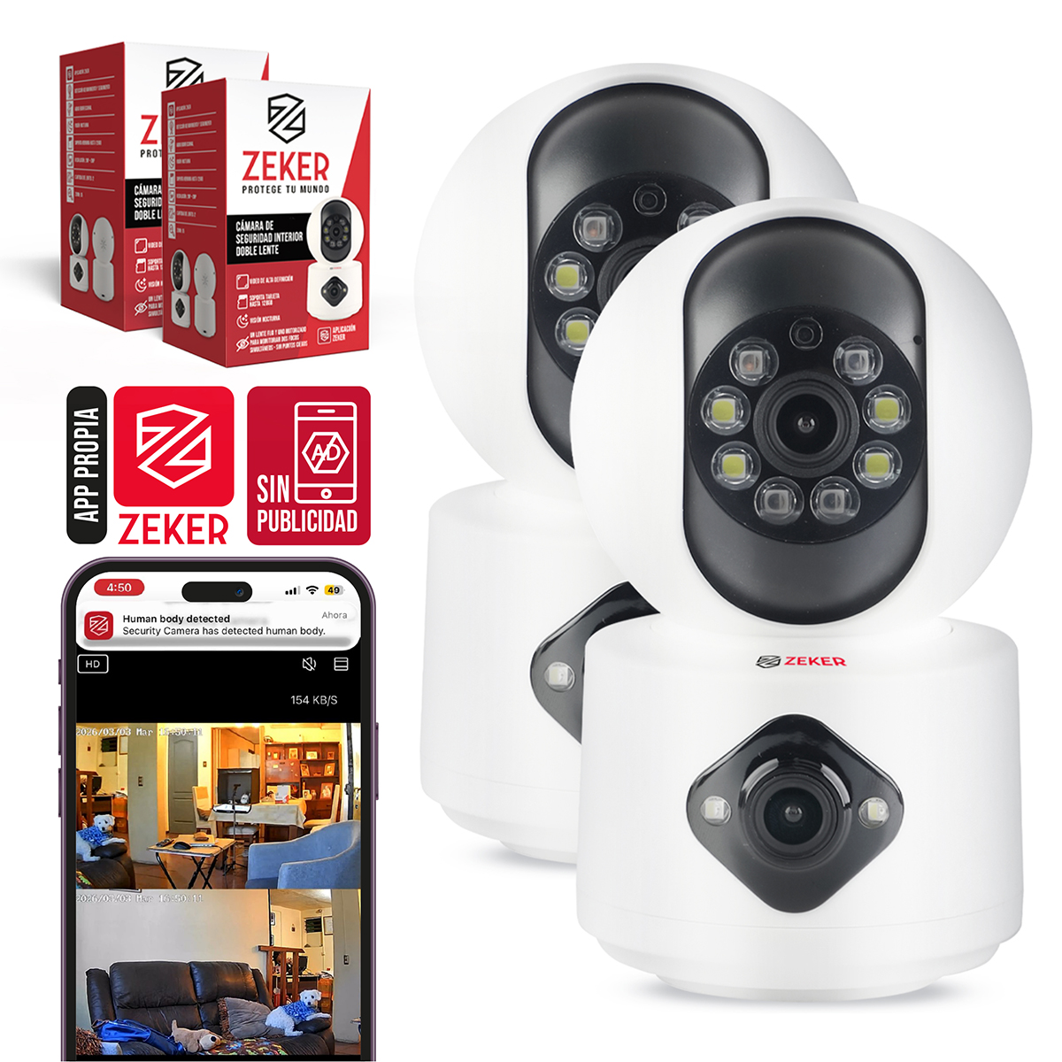 CAMARA DE SEGURIDAD INTERIOR DOBLE ZEKER 4MP 2.4G WIFI IP X2 - 1