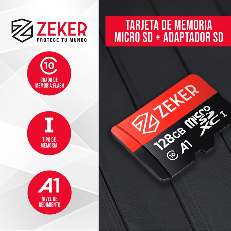 TARJETA MICRO SD MEMORIA 128 GB ZEKER 100MBPS ADAPTADOR SD - 2