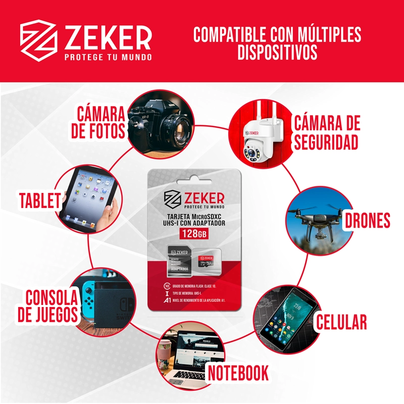 TARJETA MICRO SD MEMORIA 128 GB ZEKER 100MBPS ADAPTADOR SD - 6