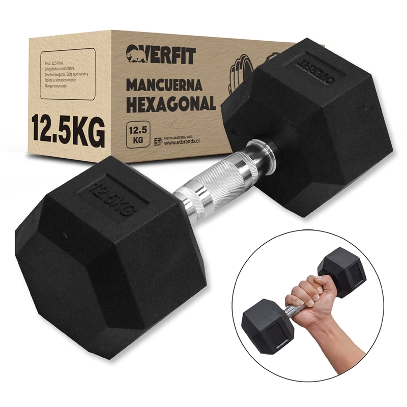 MANCUERNA HEXAGONAL 12.5 KG ACERO Y CAUCHO OVERFIT - 1