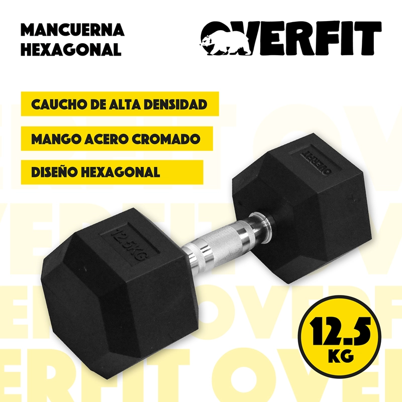 MANCUERNA HEXAGONAL 12.5 KG ACERO Y CAUCHO OVERFIT - 2
