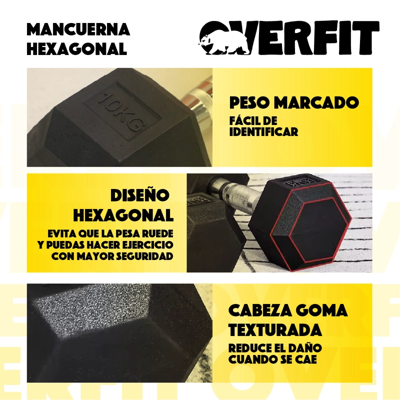 MANCUERNA HEXAGONAL 10 KG ACERO Y CAUCHO OVERFIT - 3