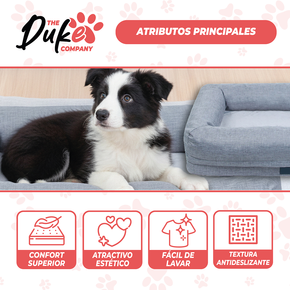 CAMA DE PERRO CUADRADA DUKE TALLA M 73 X 50 X 16 CM GRIS - 3