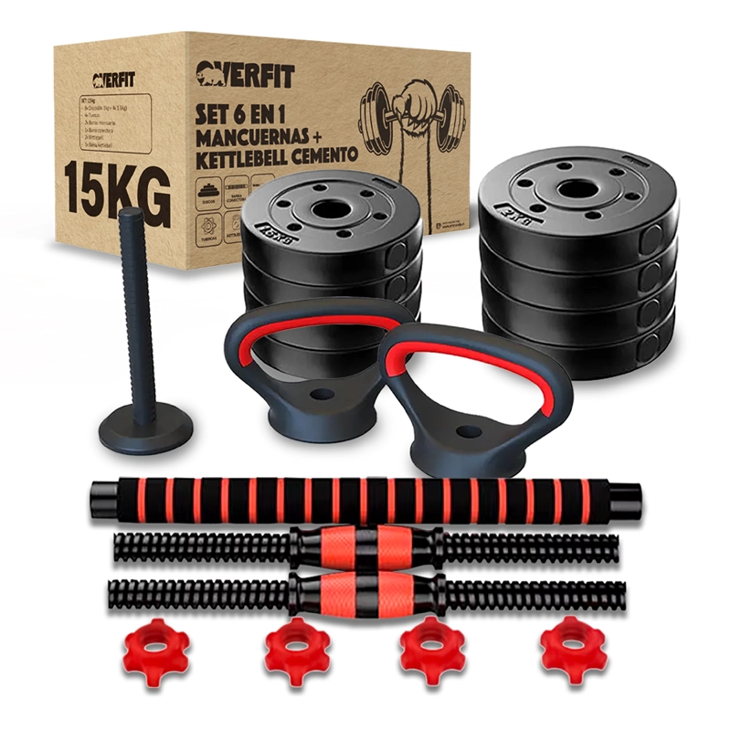 SET MANCUERNAS + BARRA + KETTLEBELL UNIBLES OVERFIT 15KG - 1