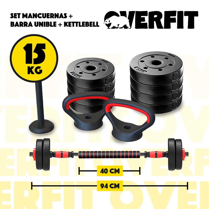 SET MANCUERNAS + BARRA + KETTLEBELL UNIBLES OVERFIT 15KG - 2