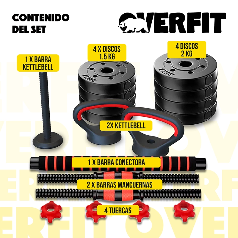 SET MANCUERNAS + BARRA + KETTLEBELL UNIBLES OVERFIT 15KG - 3