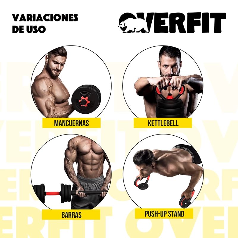 SET MANCUERNAS + BARRA + KETTLEBELL UNIBLES OVERFIT 15KG - 6