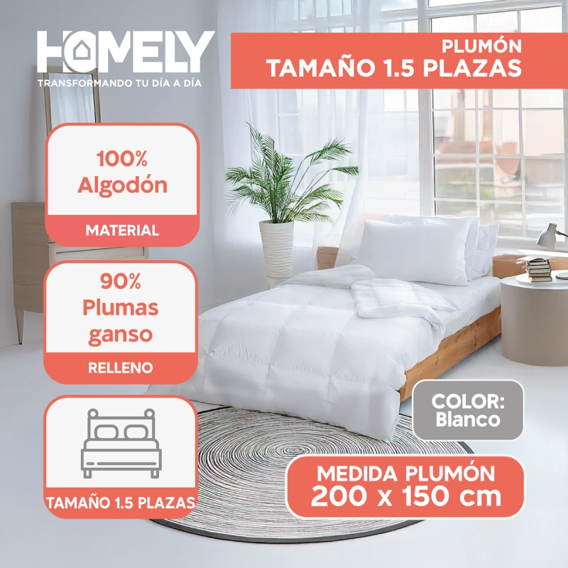 CUBRECAMA COBERTOR 1.5 PLAZAS 90% PLUMA PECHO GANSO HOMELY - 2