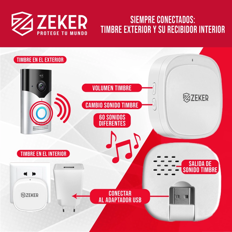 TIMBRE INALAMBRICO DE SEGURIDAD INTELIGENTE ZEKER CAMARA 4MP - 3