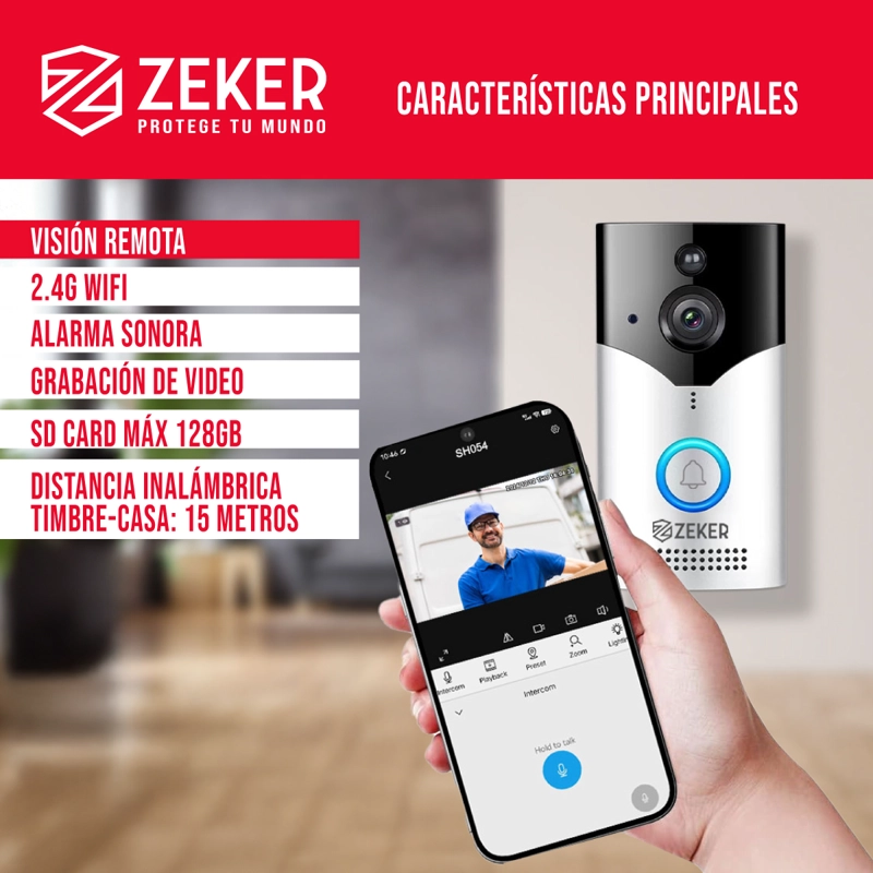 TIMBRE INALAMBRICO DE SEGURIDAD INTELIGENTE ZEKER CAMARA 4MP - 5
