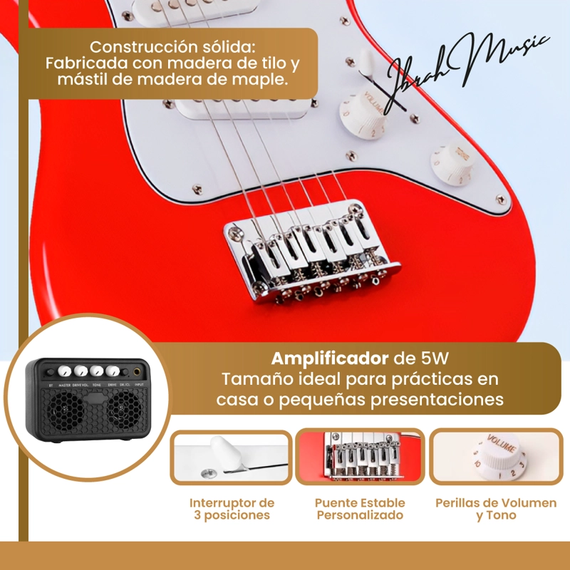 GUITARRA ELECTRICA STRATOCASTER NIÑO IBRAH 30 PGDS AMPLIF - 3