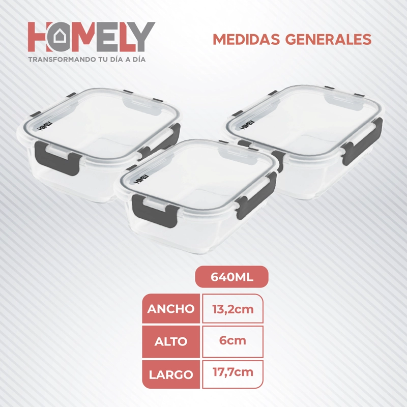 TUPPER FRASCO VIDRIO 640 ML TEMPLADO HERMETICO SET X3 HOMELY - 2